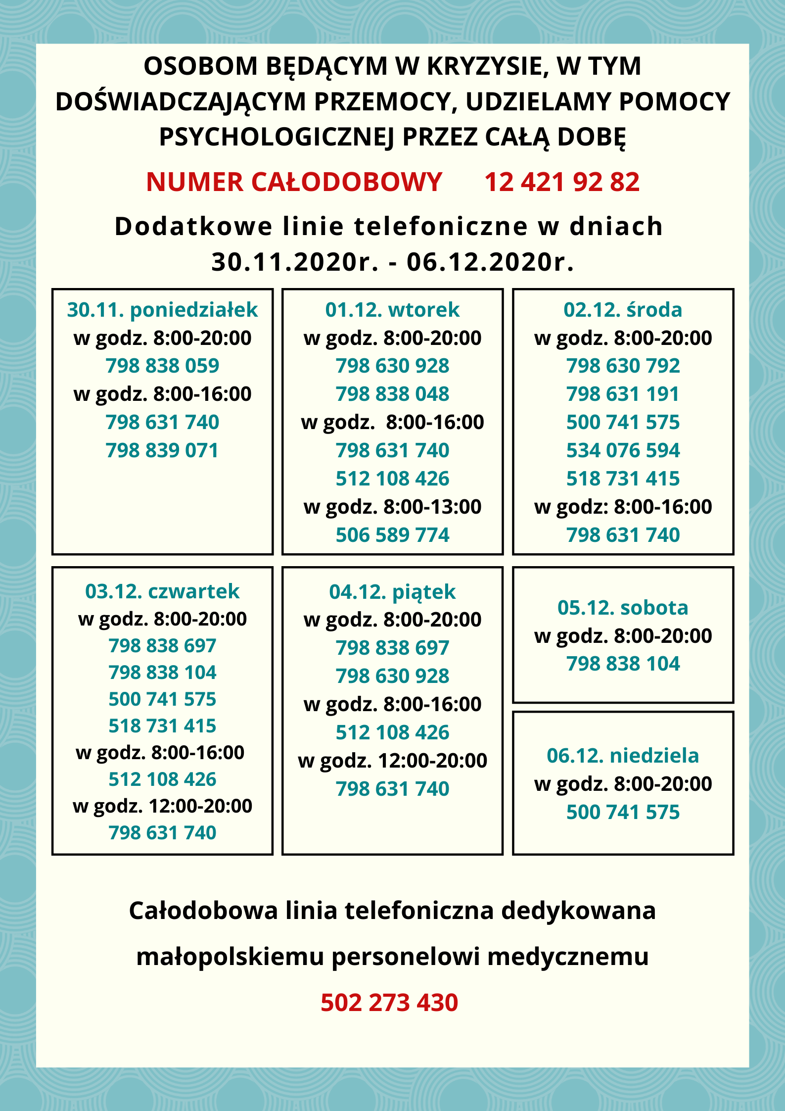 Dodatkowe linie telefoniczne w dniach 30.11.2020r. 06.12